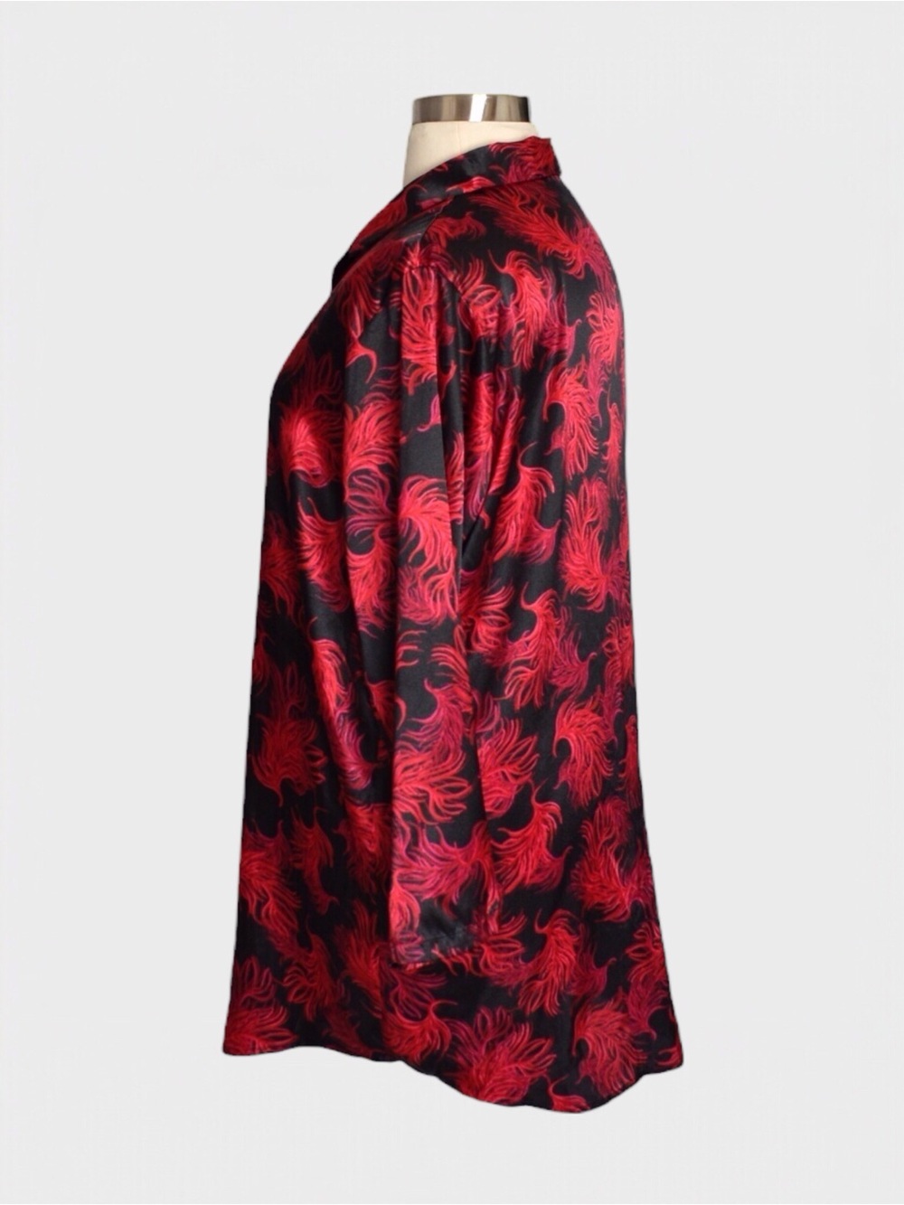 Cacique Satin Feather Print Button Front Sleep Shirt - Picture 4 of 5